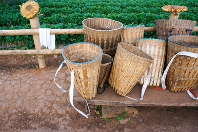 High angle view of wicker basket in yard