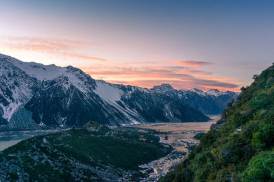 Scenic view of snowcapped mountains against sky during sunset