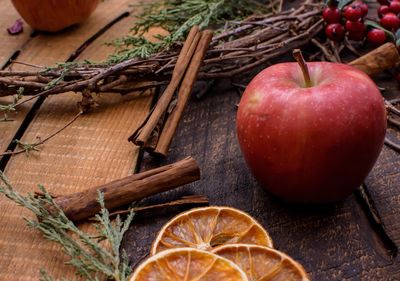 High angle view of apples on table