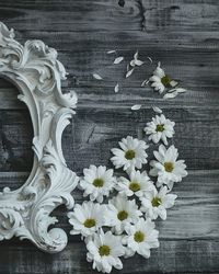 Directly above shot of white flowers by frame on table