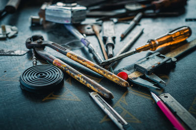 High angle view of work tools on table