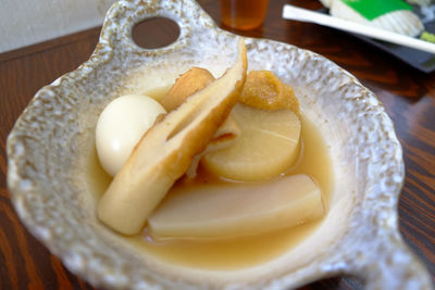 High angle view of breakfast in plate on table