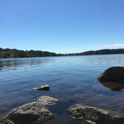 Scenic view of lake against clear blue sky