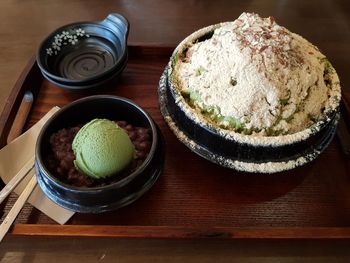 High angle view of dessert in plate on table. patbingsu