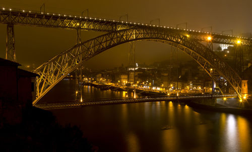 Illuminated bridge over river at night