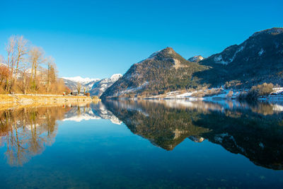 Scenic view of lake and mountains against blue sky