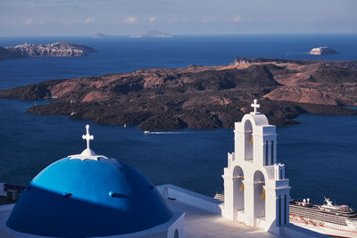 The famous agios theodoros church know as three bells of fira, santorini island, greece
