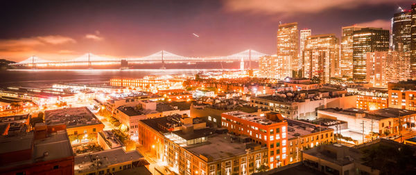 High angle view of illuminated buildings in city at night,the city of san francisco.  