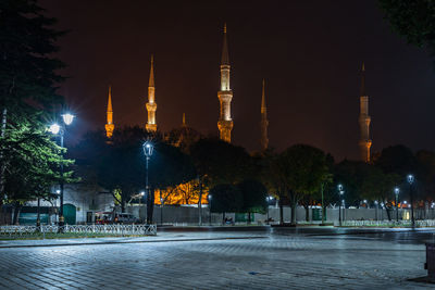 Six minarets of blue mosque at night viewed from the old hippodrome, istanbul, turkey,