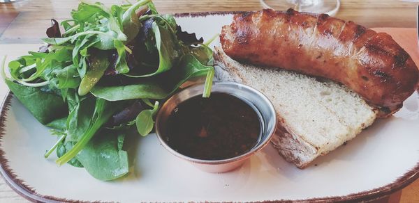 High angle view of food in plate on table