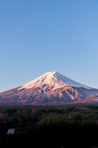 Scenic view of snowcapped mountains against clear blue sky