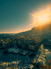 High angle view of cityscape against sky during sunset