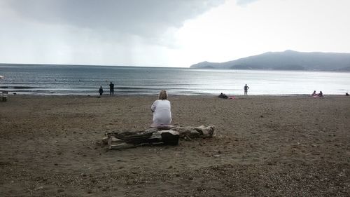 Rear view of people sitting on beach