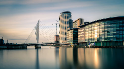 View of suspension bridge in city