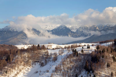 Panoramic view of snowcapped mountains against sky