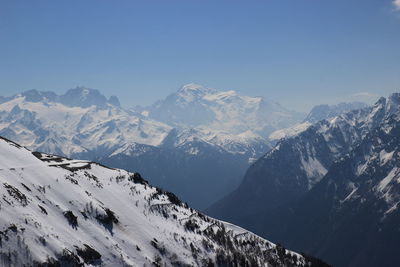 Scenic view of snowcapped mountains against clear sky