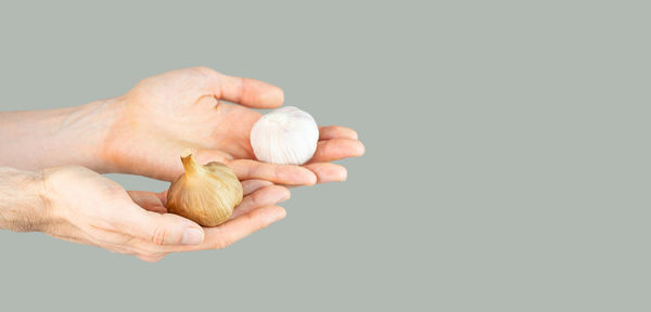 Close-up of hand holding egg against white background