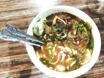 High angle view of soup in bowl on table