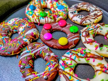 Close-up of multi colored candies on table