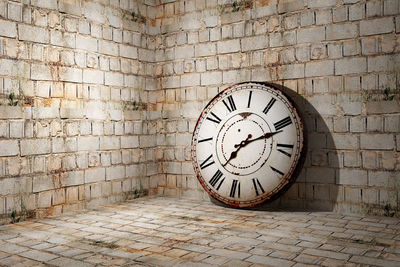 3d rendering of an old clock on a birck wall