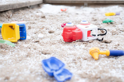 Close-up of toy car on sand