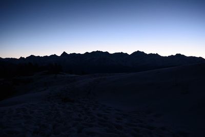 Scenic view of snowcapped mountains against clear sky