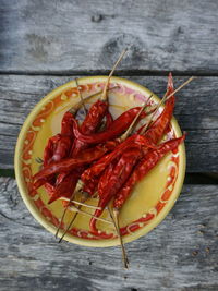 High angle view of red chili peppers in plate on table