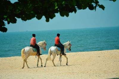 Men riding horses at beach