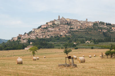 Awesome view of trevi medieval town in the summer season with hay balls, umbria