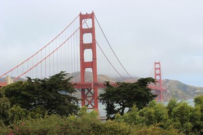 Low angle view of suspension bridge against sky