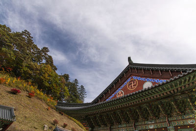 Low angle view of roof and building against sky