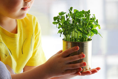 A child is holding a jar of green peas grown at home. the concept of waste-free agriculture