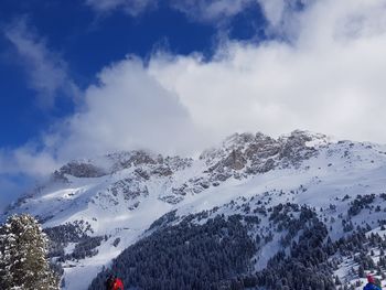 Scenic view of snow covered mountains against sky