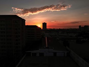 Buildings in city during sunset