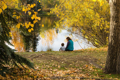 Rear view of a man with autumn leaves in water