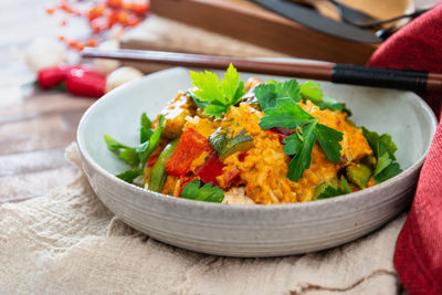 Close-up of salad in bowl on table