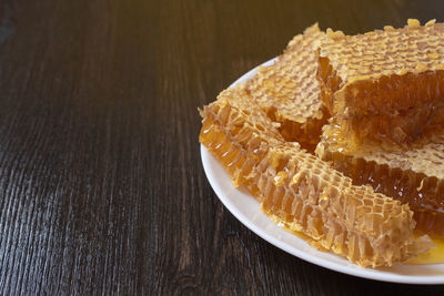 High angle view of cake in plate on table