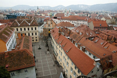 High angle view of town against sky