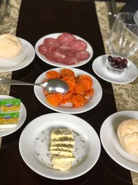 High angle view of breakfast served on table