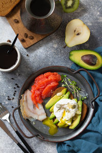 High angle view of breakfast served on table