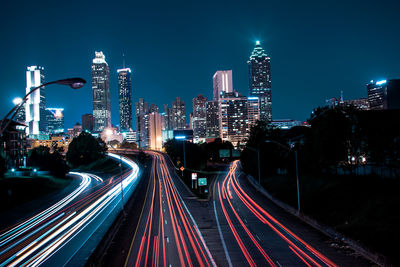 Light trails on road at night