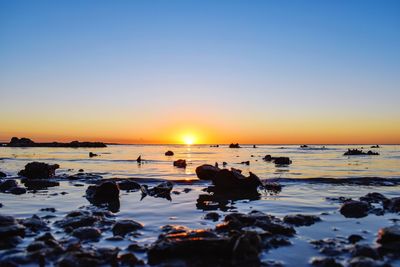 Scenic view of sea against clear sky during sunset