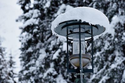 Low angle view of snow covered street light