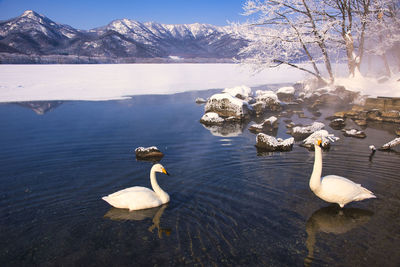 Snowy scenery of lake kussharo in winter