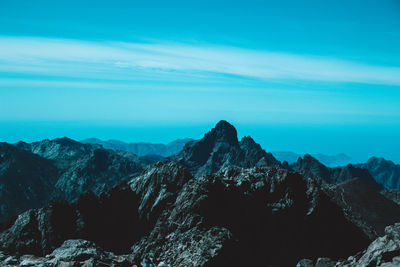 Scenic view of mountains against blue sky