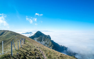 Scenic view of mountains against blue sky