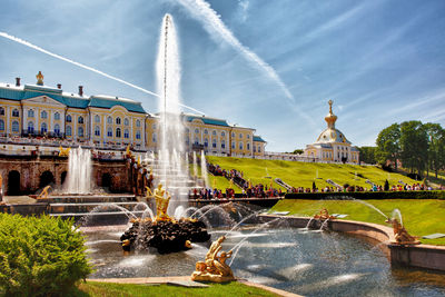 Fountain in city against sky. petrodvorets.