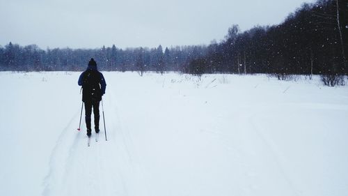 Rear view of person walking on snow covered landscape