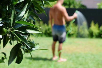 Rear view of shirtless man against plants