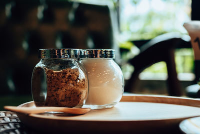 Close-up of food in glass container on table